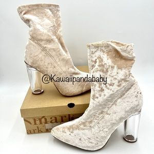 NEW Beige Light Nude Brown Crushed Velvet Clear Acrylic Heel Ankle Booties SZ 10